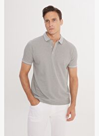 Erkek GRI-GRI Slim Fit Dar Kesim Kıvrılmaz Polo Yaka Kısa Kollu Tişört