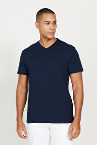 Erkek Lacivert Slim Fit Dar Kesim V Yaka Pamuklu V Yaka Kısa Kollu Tişört