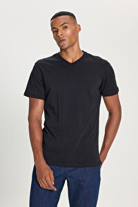 Erkek Siyah Slim Fit Dar Kesim V Yaka Pamuklu V Yaka Kısa Kollu Tişört