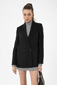 Antioch Siyah Kadın Yün Karışımlı Balıksırtı Desenli Blazer Ceket