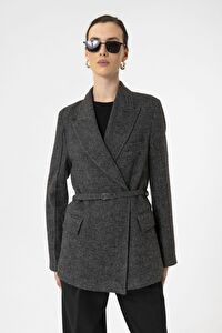 Antioch Siyah Kadın Kemerli Dokulu Blazer Ceket