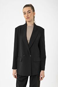 Antioch Siyah Kadın Kruvaze Kapama Oversize Blazer Ceket