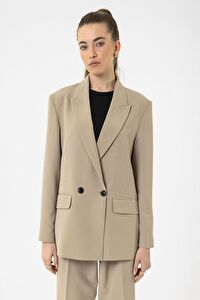 Antioch Bej Kadın Kruvaze Kapama Oversize Blazer Ceket