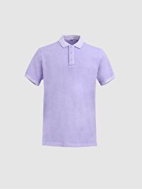 Soluk Efektli Polo Yaka Lila T-shırt