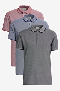 Erkek BORDO-ACIK SIYAH-ACIK LACI Slim Fit Dar Kesim 3 'lü Kıvrılmaz Polo Yaka Tişört