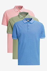 Erkek YESIL-ACIK PEMBE-SAKS Slim Fit Dar Kesim 3 'lü Kıvrılmaz Polo Yaka Tişört