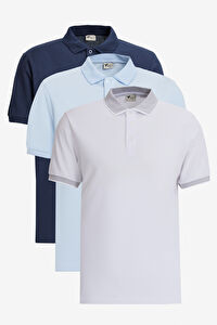 Erkek BEYAZ-LACIVERT-ACIK MAVI Slim Fit Dar Kesim 3 'lü Kıvrılmaz Polo Yaka Tişört