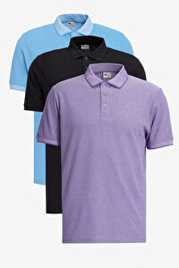 Erkek SIYAH-MAVI-MOR BEYAZ Slim Fit Dar Kesim 3 'lü Kıvrılmaz Polo Yaka Tişört