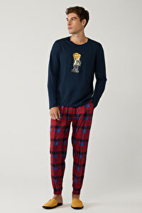 Erkek Lacivert Bisiklet Yaka Uzun Kollu Önü Baskılı Pijama Takımı E003303