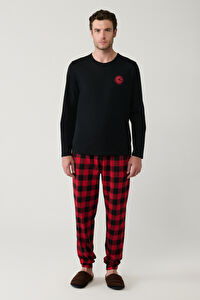 Erkek Siyah Bisiklet Yaka Uzun Kollu Ekoseli Pijama Takımı E003304