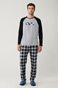 Erkek Gri Bisiklet Yaka Uzun Kollu Ekoseli Pijama Takımı E003305