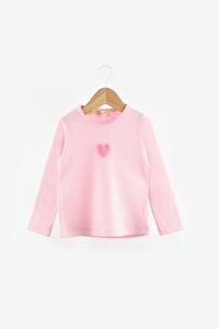 Pembe  Kalp Nakışlı Fitilli Kız Çocuk Tişört