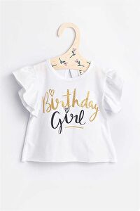 Beyaz  Kısa Kollu Birthday Girl Kız Çocuk Tişört