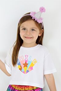 Beyaz  Smile Yıldız Baskılı Kız Çocuk Crop Tişört - Becky