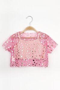 Pembe  Yıldız Baskılı Kız Çocuk Tül Crop