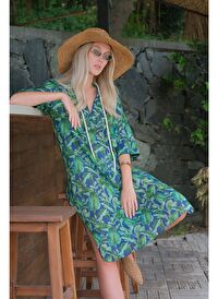 Hakim Yaka Kısa Cotton Green Leaf Kaftan