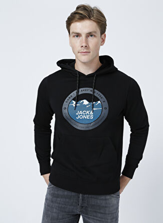 Jack & Jones 12192931_Jcobilo Sweat Hood Sn Kapüşonlu Uzun Kollu  Regular Fit Baskılı Siyah Erkek Sweatshirt