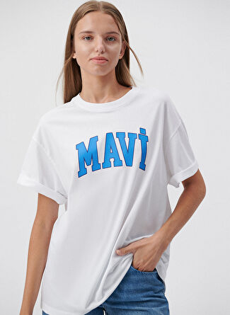 Mavi M1600843-70000 Bisiklet Yaka   Normal Kalıp Beyaz Kadın T-Shirt