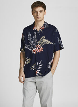 Jack & Jones Desenli Lacivert Erkek Gömlek 12202240_JPRBLATROPIC RESORT SHIRT