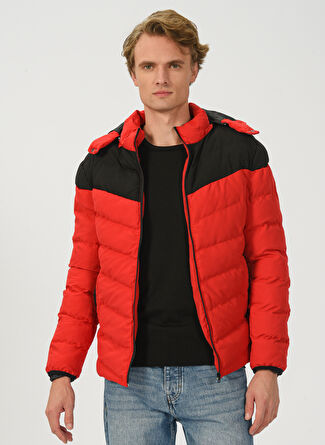 People By Fabrika Kırmızı Erkek Kapüşon Yaka Regular Fit Kapitone Puffer Mont basic7