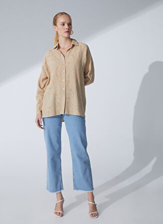 Pierre Cardin Bej Kadın Oversized Jakarlı Keten Gömlek HEMDEM