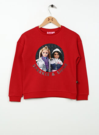 Barbie Kırmızı Kız Çocuk Bisiklet Yaka Düşük Omuz Oversize Baskılı Sweatshirt BRB3WG-SWT14