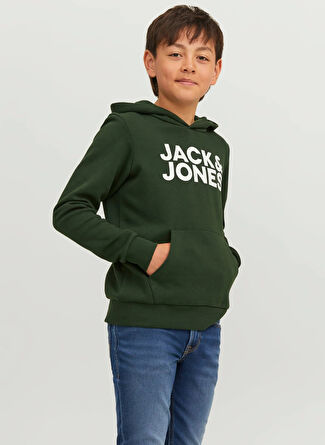 Jack & Jones Koyu Yeşil Erkek Çocuk Kapüşonlu Uzun Kollu Lastikli Baskılı Sweatshirt JJECORP LOGO SWEAT HOOD NOOS JNR Boyner