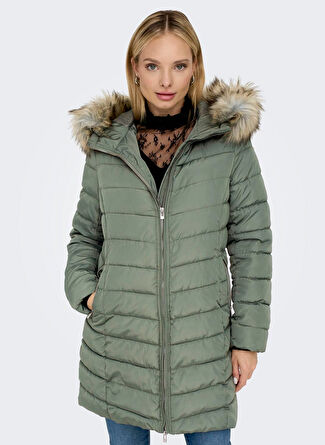 Only Açık Yeşil Kadın Kaban ONLELLAN QUILTED HOOD FUR COAT CC O