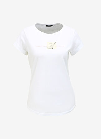 Sisley Bisiklet Yaka Beyaz - Sarı Kadın T-Shirt 3096L101W