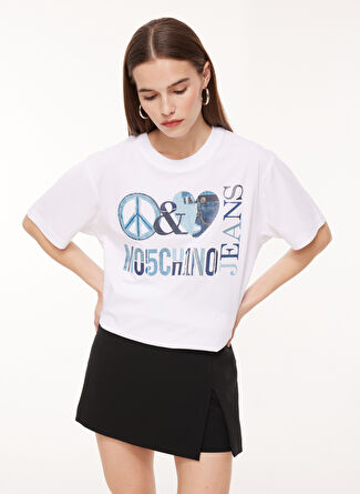 Moschino Jeans Bisiklet Yaka Baskılı Beyaz Kadın T-Shirt A0704