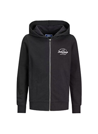 Jack & Jones Baskılı Erkek Siyah Sweatshırt JJFOREST SWEAT ZIP HOOD JNR