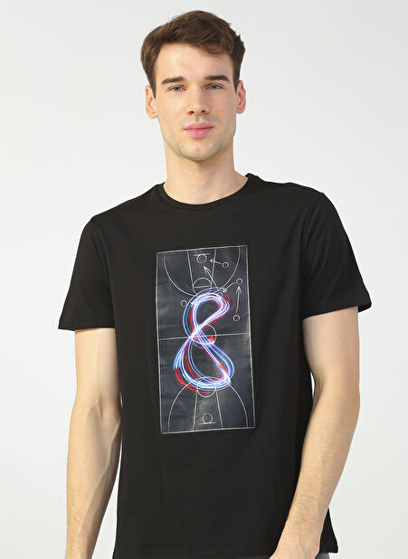 O Yaka Basic Baskılı Siyah Erkek T-Shirt S-ONORE -1