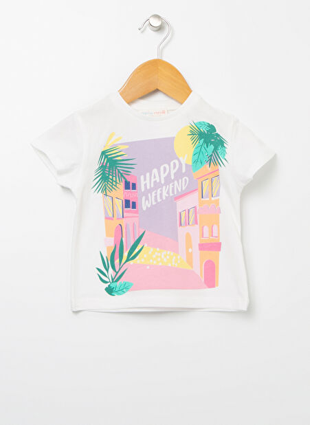 Mammaramma Ekru Kız Bebek Bisiklet Yaka Kısa Kollu Baskılı T-Shirt 22SG-50 -1