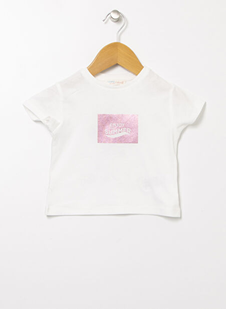 Mammaramma Ekru Kız Bebek Bisiklet Yaka Kısa Kollu Baskılı T-Shirt 22SG-60 -1