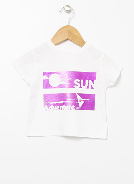 Mammaramma Ekru Kız Bebek Bisiklet Yaka Kısa Kollu Baskılı T-Shirt 22SG-61 -1