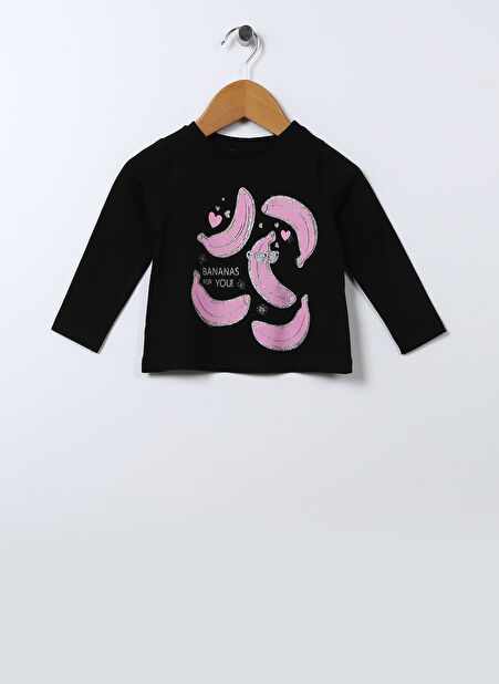 Mammaramma Siyah Kız Bebek Bisiklet Yaka Uzun Kollu Baskılı T-Shirt 22FWG-29 -1