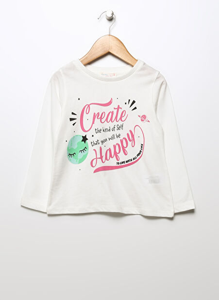 Mammaramma Ekru Kız Bebek Bisiklet Yaka Uzun Kollu Baskılı T-Shirt 22FWG-63 -1