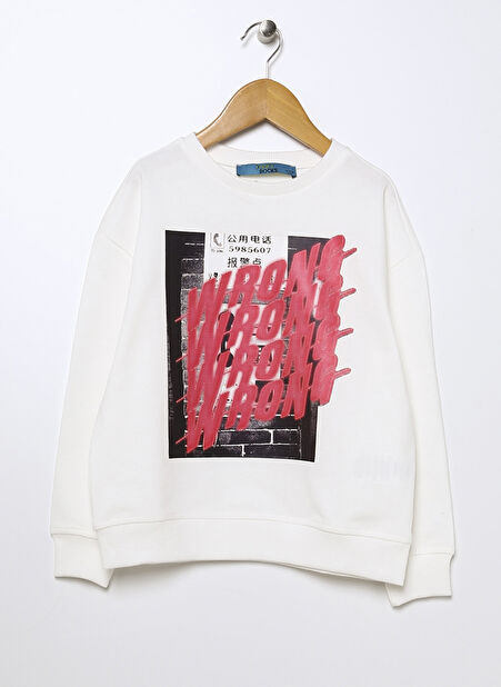 Ekru Kız Çocuk Bisiklet Yaka Oversize Baskılı Sweatshirt PRG-02 -1