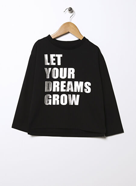Limon Siyah Kız Çocuk Bisiklet Yaka Düşük Omuz Varaklı T-Shirt GROW GIRL -1