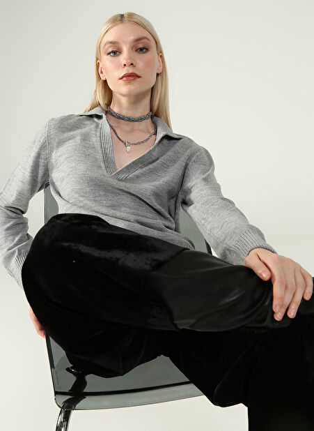 Fabrika Polo Yaka Basic Düz Gri Melanj Kadın Kazak MORLEY -1