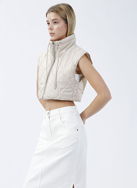 Bej Kadın Klasik Yaka Cropped Fit Puffer Yelek DT10061-3 BEJ -1
