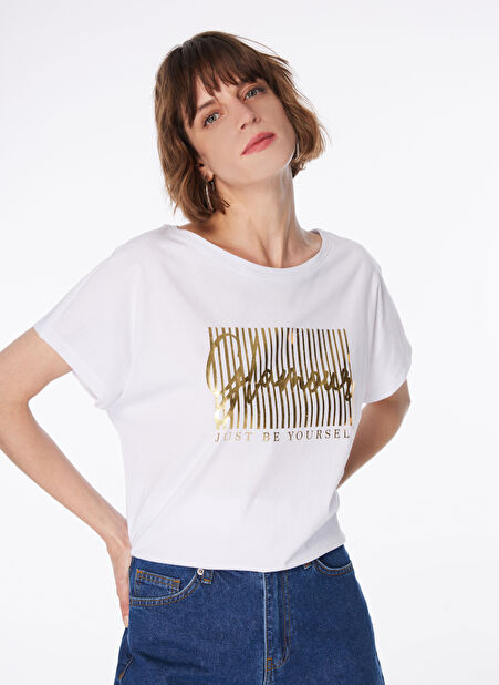 Fabrika Beyaz Kadın Bisiklet Yaka Basic T-Shirt DUSA -1