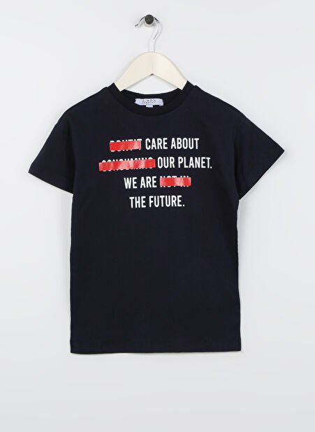 Limon Lacivert Erkek Çocuk Bisiklet Yaka Kısa Kollu Baskılı T-Shirt NORTH BOY-23 -1