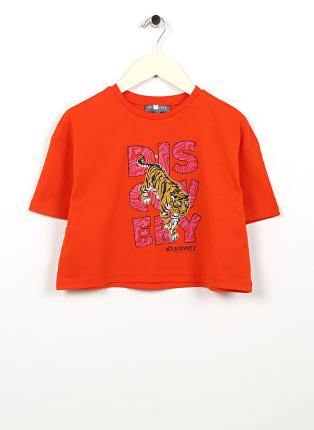 Discovery Expedition Turuncu Kız Çocuk Bisiklet Yaka Kısa Kollu Baskılı T-Shirt TENTGIRL -1