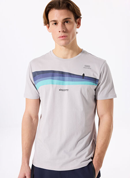 Discovery Expedition Gri Erkek Bisiklet Yaka Relaxed Baskılı T-Shirt HARDAP -1