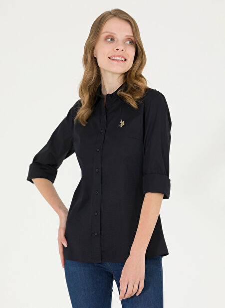 U.S. Polo Assn. Slim Fit Gömlek Yaka Düz Siyah Kadın Gömlek SALY023Y -1