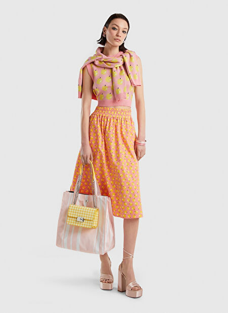 Benetton Pembe Kadın Desenli Midi Etek 4ULPD0019 -1