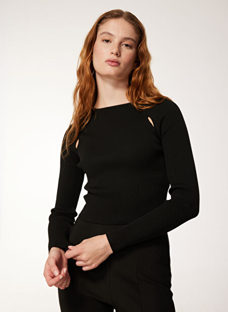 Black On Black Bisiklet Yaka Standart Blok Desenli Siyah Kazak Kadın B3WL-KZK29 -1