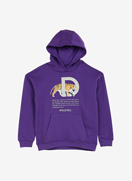 Mor Kız Çocuk Kapüşon Yaka Oversize Baskılı Sweatshirt D3WG-SWT26 -1