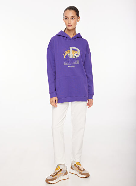 Discovery Expedition Mor Kadın Kapüşon Yaka Loose Fit Baskılı Sweatshirt D3WL-SWT25 -1